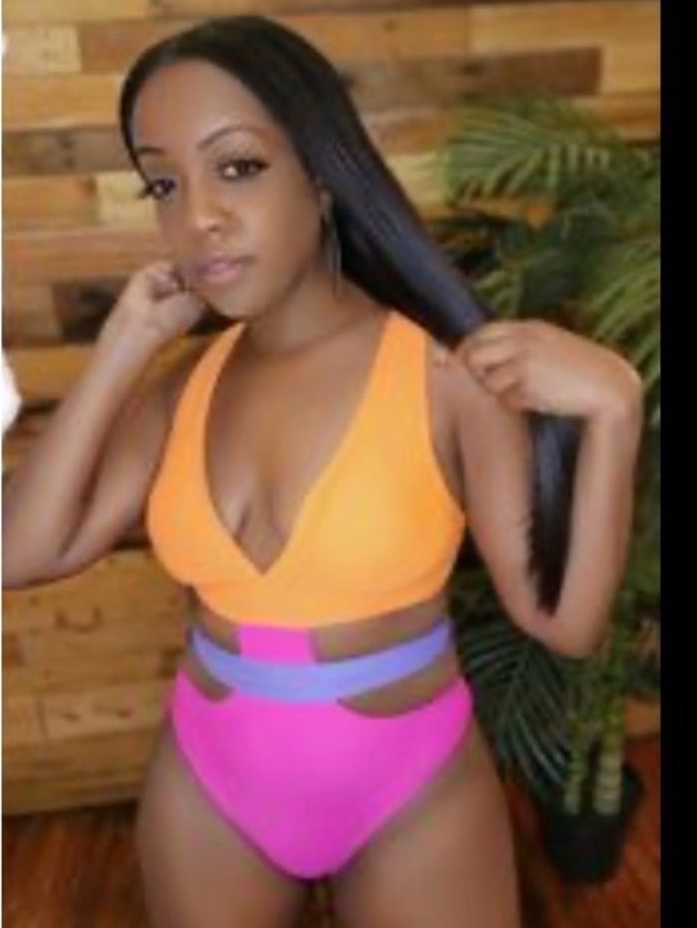 5-New Colorblock V-Neck One-Piece Swimsuit in Orange and Hot Pink
